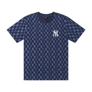 MLBNY洋基隊夏季滿(mǎn)印老花刺繡純棉短袖 潮牌男女情侶寬松半袖T恤 藏青 S