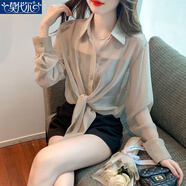 莫代爾春秋休閑百搭純色2025寬松襯衫女2法式甜美系帶薄款雪紡長(zhǎng)袖襯衣 咖啡色 XL 建議115-125斤