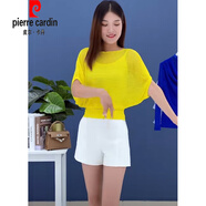 皮爾卡丹（pierre cardin）冰|絲針織衫女短袖防|曬罩衫鏤空薄款蝙蝠衫夏季遮肚子t恤上衣小 黃色 上衣贈吊帶 S 80-95斤