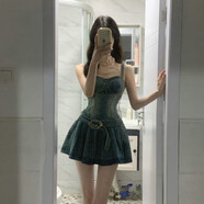 美式復古辣妹牛仔吊帶裙女夏季新款甜辣風(fēng)收腰顯瘦A字百褶連衣裙 藍色高質(zhì)量現貨 M