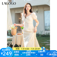 lagogo米色收腰系帶繡花連衣裙女拉谷谷2025年春夏新款氣質(zhì)雪紡裙 米色 XL