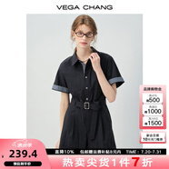 VEGA CHANG連體褲女2025年新款夏季翻領(lǐng)格紋拼接收腰短褲連身衣褲 檀木黑 L