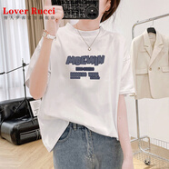 LOVER RUCCI2025新款純棉半高領(lǐng)正肩短袖T恤女寬松顯瘦減齡打底衫體恤上衣潮 白色【MD字母】 S 建議90-110斤