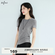 伊芙麗（eifini）伊芙麗極簡(jiǎn)高質(zhì)天絲透感輕薄修身顯瘦黑色T恤女2025夏裝新款 浮巖灰 S