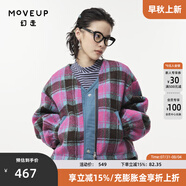 幻走（MOVEUP）2024秋季新款.FUN系列撞布格紋口袋設計師短款外套女 灰粉 M