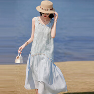 羅蒙（ROMON）高端亞麻棉麻無(wú)袖背心連衣裙女夏新款高級感海邊度假顯瘦雪紡長(cháng)裙 藍色 L  （100-115斤）