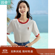 茵曼涼感撞色繡花女裝正肩短袖t恤2025夏季新品打底襯衫上衣 珍珠白 M