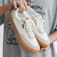 人本2025新款男鞋多色低幫翻毛皮帆布鞋男百搭街頭運動(dòng)滑板鞋男女鞋子 米白色 單層 39