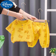 迪士尼（Disney）嬰兒衣服夏季透氣棉短袖防蚊褲分體套裝一歲男女寶寶簡(jiǎn)約休閑小童 黃色-小熊棉紗防蚊七分褲套裝 均碼 100cm