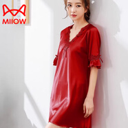 貓人（MiiOW）輕奢睡衣夏季薄款冰感女士連衣裙真絲睡裙性感寬松年新款短袖春秋 酒紅色091 3XL