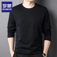 羅蒙（ROMON）長袖t恤男士秋季薄款中年寬松休閑打底衫透氣純棉體恤男裝 ZMN-8800純黑色 M (90-115斤)