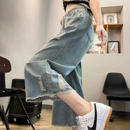 莫代爾復(fù)古破洞七分直筒牛仔褲女2025夏季新款高腰寬松顯瘦懷舊闊腿褲子 MX-8-1347_藍(lán)色 M 建議98-110斤