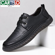 卡帝樂鱷魚（CARTELO）品牌男鞋牛筋底皮鞋男韓版真皮軟底休閑鞋子男潮流百搭英倫鞋男 黑色單鞋款 38