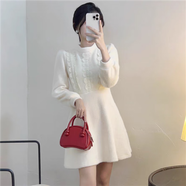 冉藝嵐同款2025春秋新款女小香風(fēng)修身毛呢水貂絨連衣裙加絨加厚打底收腰 杏色 S