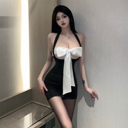 妙夕漫掛脖胸前鏤空夜店辣妹風拼色連衣裙歐美修身短款無袖OL制服背心裙 黑色 均碼