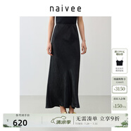 納薇（naivee）【100%醋酸】商場(chǎng)同款25夏流光中長(zhǎng)半身裙松緊腰 黑色 M