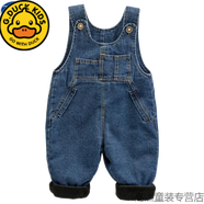 G.DUCKKIDS寶寶軟牛仔背帶褲加絨冬季背帶褲男女小童加厚絨外穿連體嬰兒褲子 藍色加絨加厚 80 cm