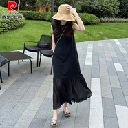 皮爾卡丹（pierre cardin）感氣質(zhì)網(wǎng)紗拼接無袖背心連衣裙女夏連身裙寬松顯瘦赫本風(fēng)裙子 黑色 L 【建議體重115-135斤】