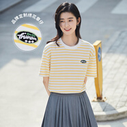 茵曼（INMAN）條紋圓領(lǐng)T恤女夏季新款套頭休閑寬松顯瘦純棉短袖上衣 黃條 S