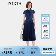 PORTS寶姿女裝春夏新款通勤襯衫領(lǐng)拼接百褶收腰短袖中長(zhǎng)連衣裙 丈青-1 XXS (0)