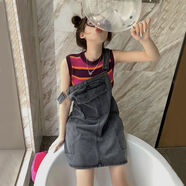 VJWK牛仔背帶裙女夏季薄款夏季韓版ins復古高腰寬松牛仔背帶裙女薄款 黑灰色 S