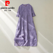 皮爾卡丹（pierre cardin）新中式國風(fēng)棉麻棉綢連衣裙女夏季媽l媽洋氣顯瘦遮肚亞麻改良旗袍 紫色【歐洲站別致連衣裙/洋氣減 L (建議115-130斤)