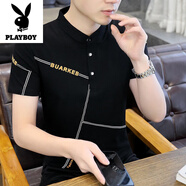 花花公子（PLAYBOY）高端短袖t恤男夏季薄款舒適透氣男士修身潮流立領(lǐng)半袖打底衫體恤 黑色 XL