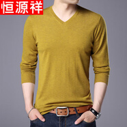 恒源祥羊毛絨衫男士新款男士V領(lǐng)羊毛中青年純色薄款針織衫春秋長(cháng)袖t恤潮 淺黃色 M 165