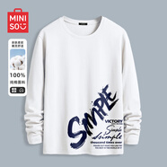 名創(chuàng)優(yōu)品（MINISO）長袖t恤男春秋季寬松休閑百搭純棉打底衫簡約百搭圓領(lǐng)男裝上衣服 白色(簡單藍左下標) L 175(體重120-140斤左右)