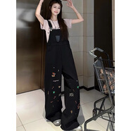 索菲堡 小個(gè)子卡通刺繡牛仔背帶褲女2025新款顯瘦百搭休閑直筒拖地長(cháng)褲 黑色 S