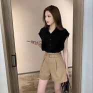 菲尼東爵檔洋氣兩件套女夏季2025新款寬松顯瘦短袖襯衫闊腿短褲時尚套裝 黑色+卡其色短褲 2XL 【125一135斤】