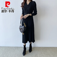 皮爾卡丹韓國復(fù)古2025春秋新品百搭針織毛衣裙大擺長款連衣裙女內(nèi)搭配大衣 黑色 均碼