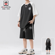 AEMAPE休閑運動(dòng)套裝男夏季2025新款冰絲短袖t恤青少年短褲帥氣搭配一套T TZ8962黑色套裝 M 約80-100斤可穿