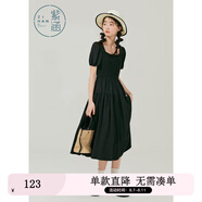 紫涵方領泡泡袖連衣裙女夏新款小眾蕾絲中長裙高腰打攬七夕送女生 黑色 L