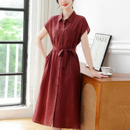 王小鴨女裝媽媽連衣裙2025新款女夏季大碼寬松遮肚顯瘦翻領(lǐng)開(kāi)衫長(cháng)裙 紅色 3XL