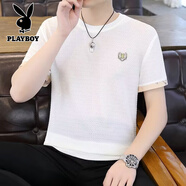 花花公子（PLAYBOY）夏季新款男士圓領(lǐng)休閑短袖T恤百搭破洞學(xué)生體恤半袖 896-夏季-米色 M 建議80-100斤