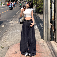 小野七天牛仔褲女2025年新款高腰闊腿寬松復古垂感時(shí)尚原色百搭長(cháng)褲 深藍色 L