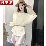 雅鹿法式圓領(lǐng)冰絲五分袖針織衫女夏配腰帶慵懶感罩衫氣質(zhì)百搭寬松上衣 杏色 S