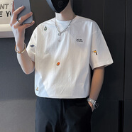 希尊龍刺繡男t恤夏季2025新款白色圓領(lǐng)體恤痞帥潮牌重磅夏裝半袖上衣服 白色【刺繡款】 M 建議100-120斤