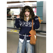 費爾島毛衣開(kāi)衫慵懶高級感女秋季毛領(lǐng)連帽針織衫軟糯外套寬松上衣 藏青色 均碼