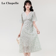 拉夏貝爾（La Chapelle）碎花連衣裙2025夏新款復(fù)古印花V領(lǐng)收腰顯瘦優(yōu)雅小個子時尚仙女裙淺綠色L 建議115-130斤