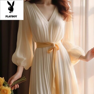 花花公子（PLAYBOY）白色雪紡連衣裙法式春夏2025新款高端氣質(zhì)精致長(cháng)裙睡裙長(cháng)款禮服裙 米白色 XL 112-122斤