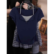 韓系百搭甜美女裝掛脖假兩件短袖上衣女格紋高腰半身裙兩件套 假兩件上衣【單件】 S