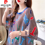 皮爾卡丹（pierre cardin）設(shè)計(jì)感小眾短t袖恤女冰絲寬松中長(zhǎng)款夏歐貨大版半t袖薄款防曬上衣 深灰色 XL 建議130-145