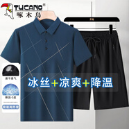啄木鳥(niǎo)父親節禮物爸爸夏季套裝冰絲短袖t恤中年polo衫涼感中老年人衣服 525哈青+黑色短褲兩件套 L (175) 【建議115-135斤】