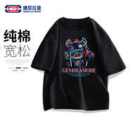 GENIOLAMODE短袖T恤男2025新款潮牌小惡魔印花寬松休閑五分袖純棉舒適透氣t恤