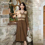 朵以（Duoyi）秋美拉德慵懶氛圍V領(lǐng)漸變條紋拼接毛織連衣裙長裙 冰摩卡 M