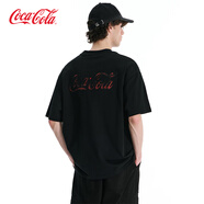 可口可樂（Coca-Cola）短袖T恤男女漸變貼布刺繡美式落肩體恤 黑色    L