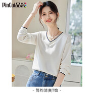 品彩（PinCai）長(cháng)袖t恤女v領(lǐng)拼色設計時(shí)尚精致典雅氣質(zhì)上衣打底衫 P13KT2343