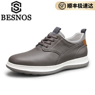 BESNOS意大利品牌休閑鞋男士真皮透氣軟牛皮軟底運(yùn)動(dòng)時(shí)尚輕便休閑皮鞋 灰色 37